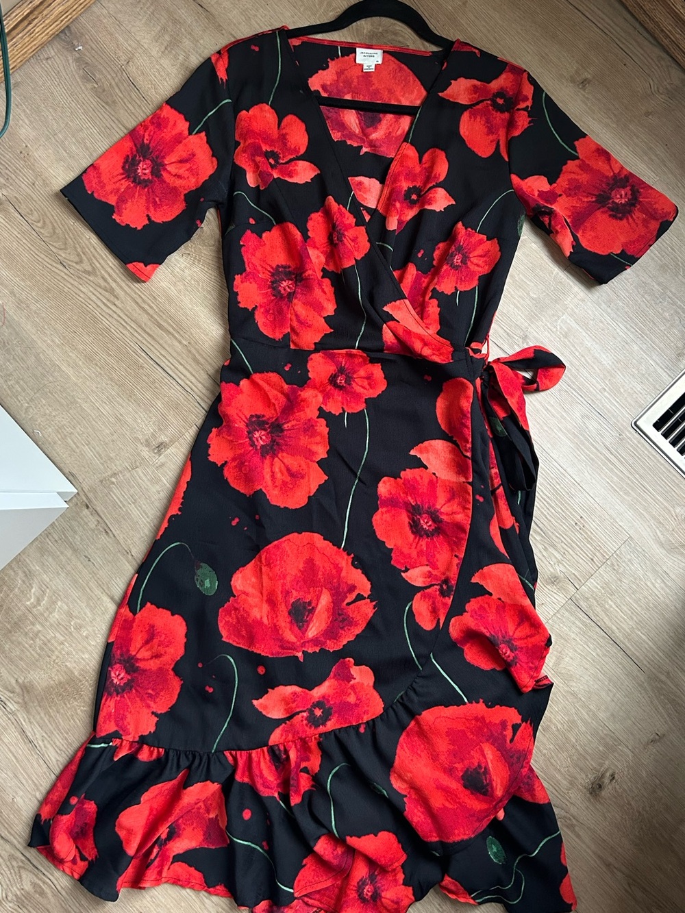 Wrap Midi Dress in Black with Red Floral Print